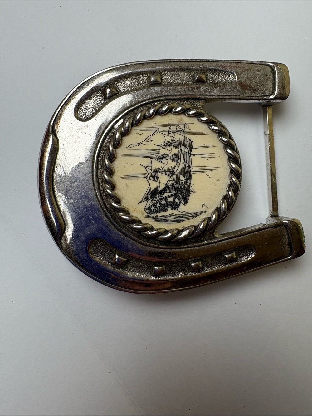 Vintage Scrimshaw Style Ship Belt Buckle Silver Tone Horseshoe Shape